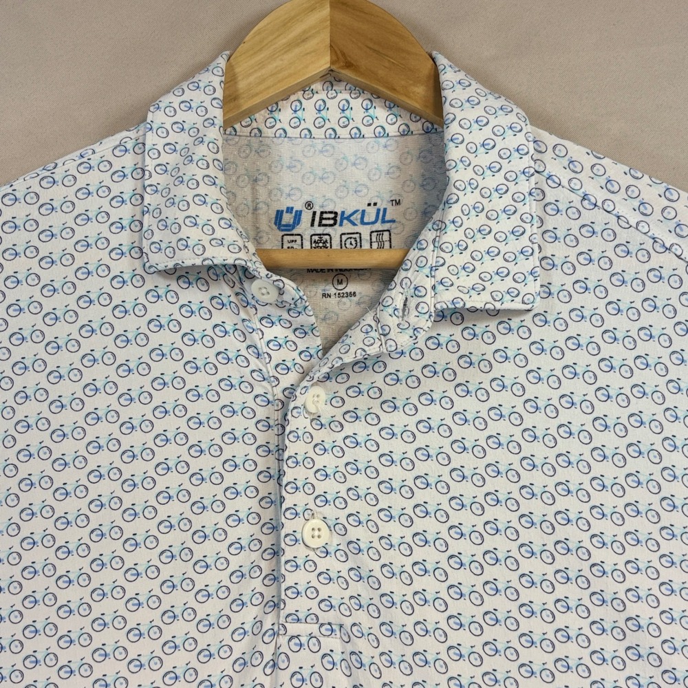 IBKUL Polo Shirt Mens Medium White Blue Bicycle Print IceFil UPF 50 Golf Travel